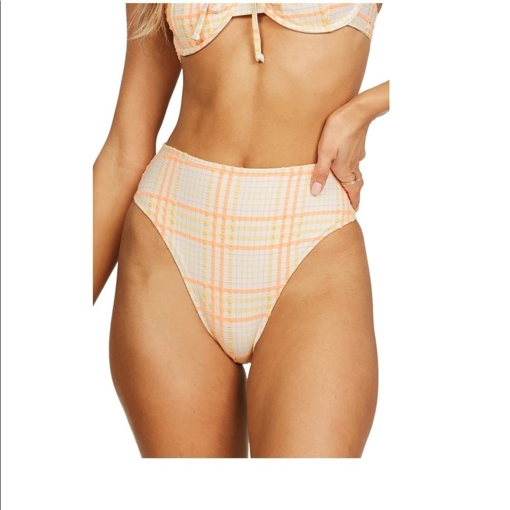 Billabong Yellow orange pretty in plaid high rider Maui bikini bottoms M NWT